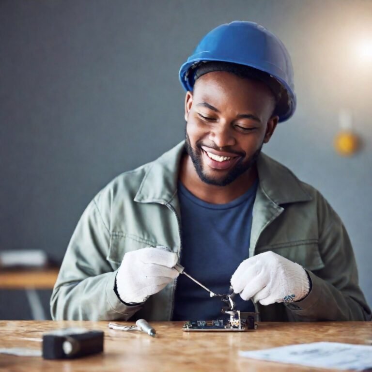 a man wearing a hard hat and gloves working on a device