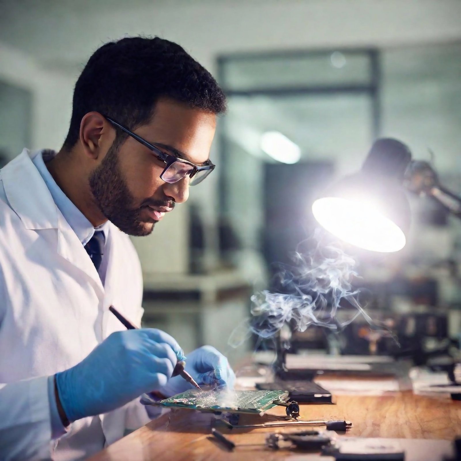 a man in a lab coat and gloves working on a computer