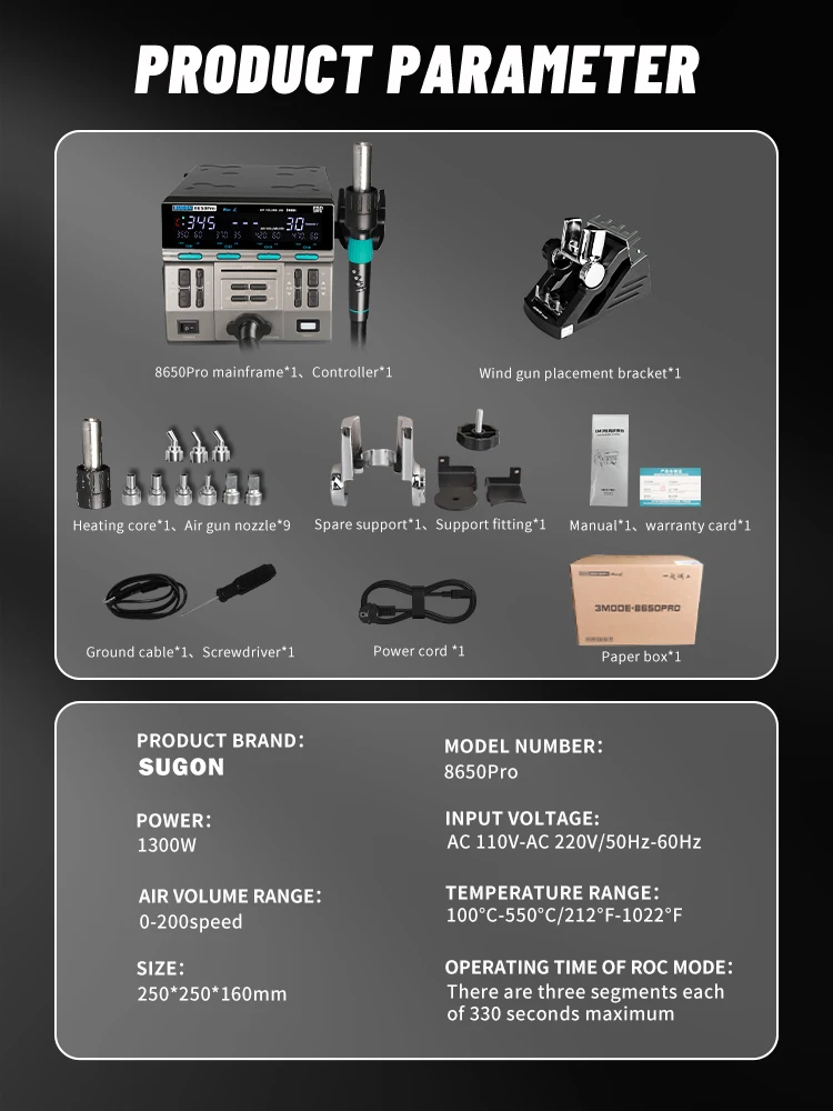 SUGON 8650Pro Hot Air Rework Station 1300W SMD 6